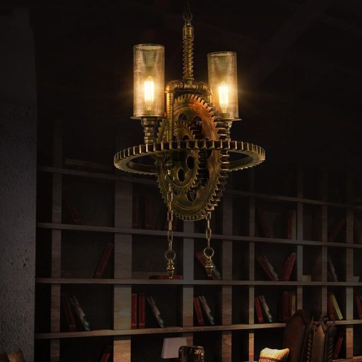 Rustic Vintage Industrial Iron Gear 2-Light Chandelier for Loft Spaces