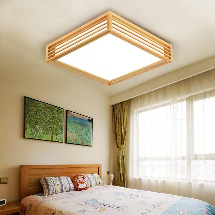 Natural Wood Square LED Flush Mount Ceiling Light for Japanese Tatami Room