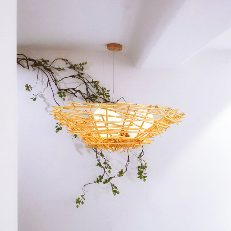 Natural Rattan Weaving Bird Nest 3-Light Chandelier for Boho Home Decor