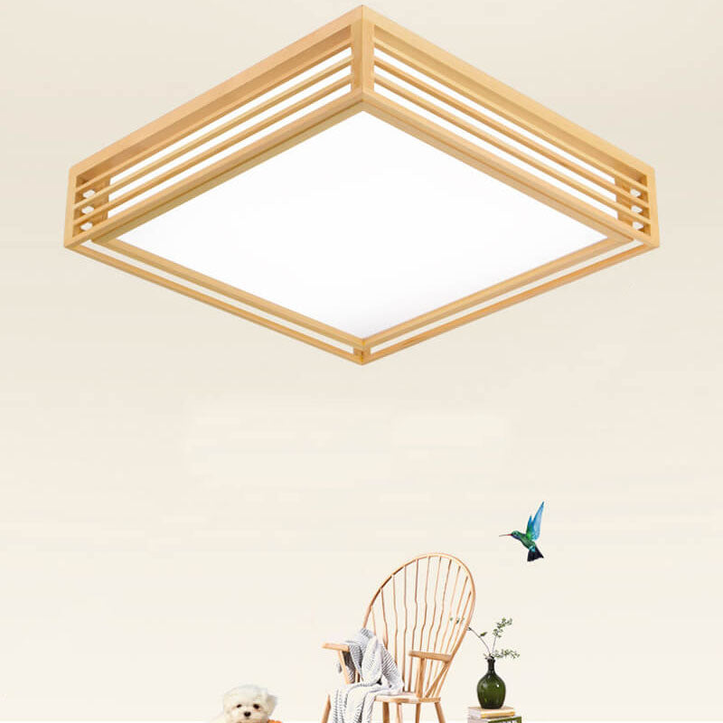 Natural Wood Square LED Flush Mount Ceiling Light for Japanese Tatami Room