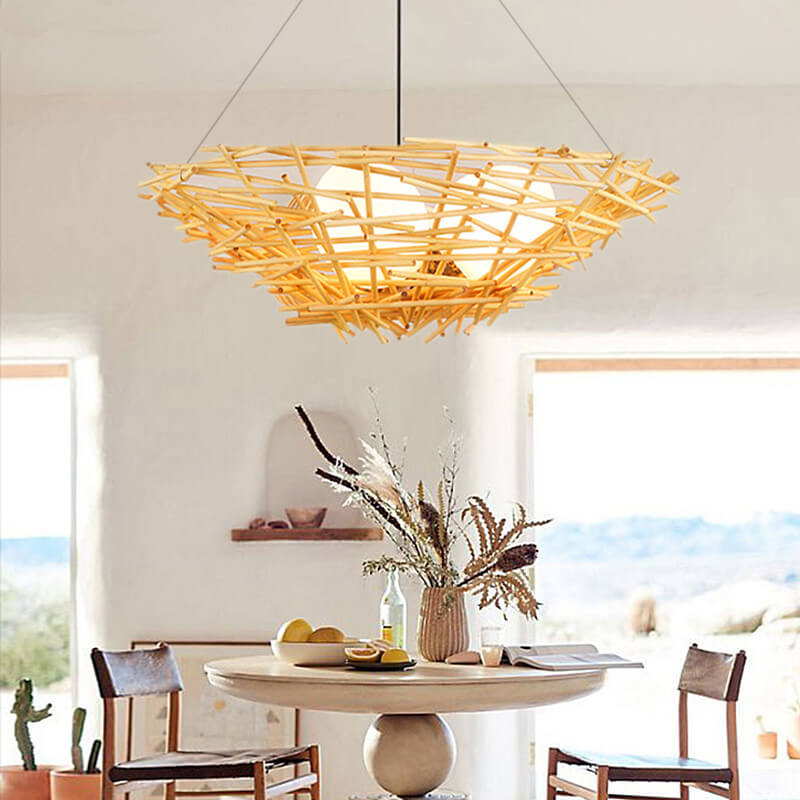 Natural Rattan Weaving Bird Nest 3-Light Chandelier for Boho Home Decor