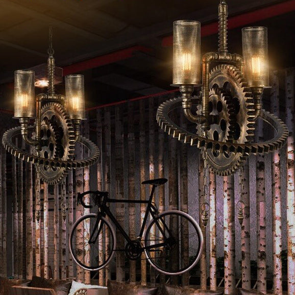 Rustic Vintage Industrial Iron Gear 2-Light Chandelier for Loft Spaces