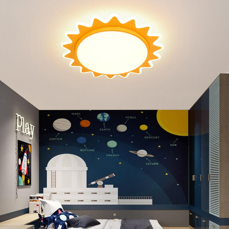 Playful Yellow Cartoon Sun LED Flush Mount Ceiling Light for Kids' Room