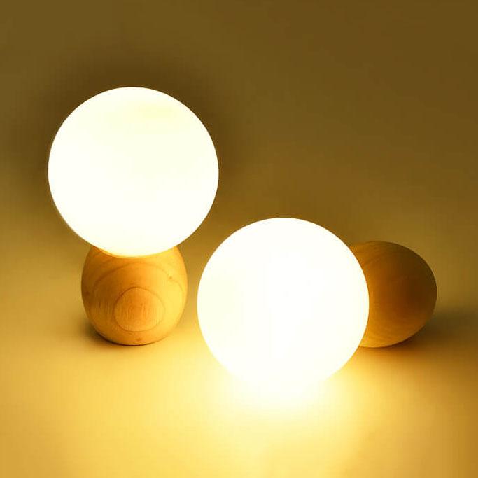Nordic Style Solid Wood and Milk White Glass Orb 1-Light Table Lamp for Living Room