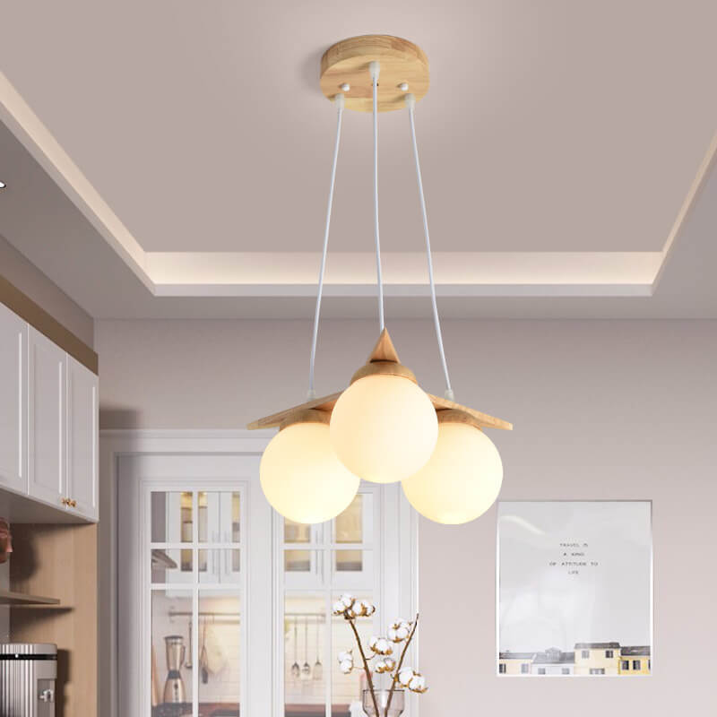 Modern Wood & Frosted Glass 3/5 Light Chandelier for Living Room
