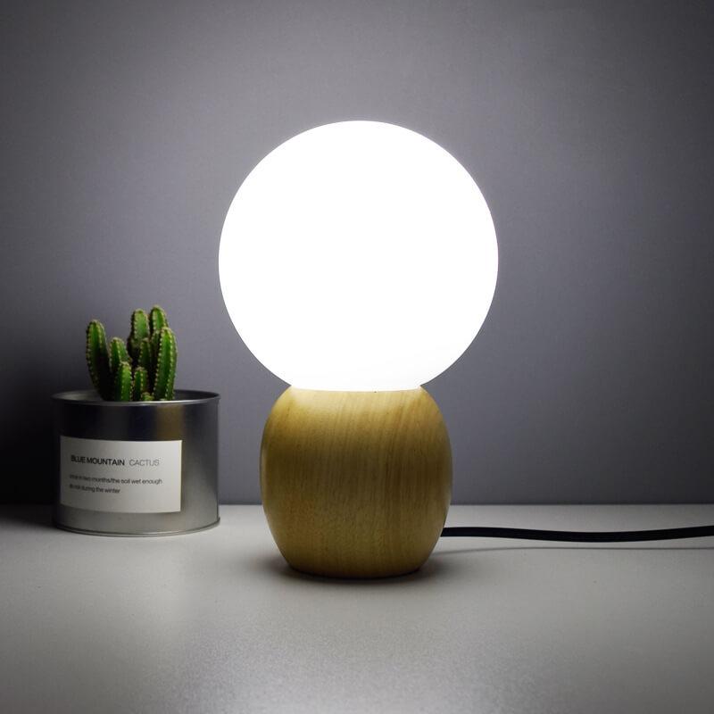 Nordic Style Solid Wood and Milk White Glass Orb 1-Light Table Lamp for Living Room