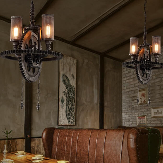 Rustic Vintage Industrial Iron Gear 2-Light Chandelier for Loft Spaces