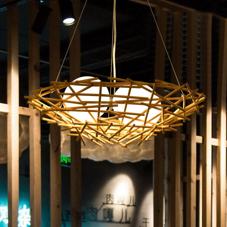 Natural Rattan Weaving Bird Nest 3-Light Chandelier for Boho Home Decor