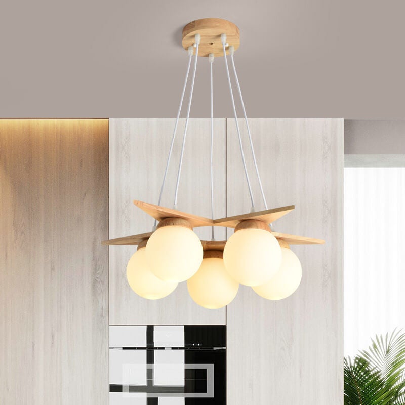 Modern Wood & Frosted Glass 3/5 Light Chandelier for Living Room