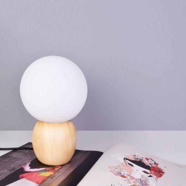 Nordic Style Solid Wood and Milk White Glass Orb 1-Light Table Lamp for Living Room