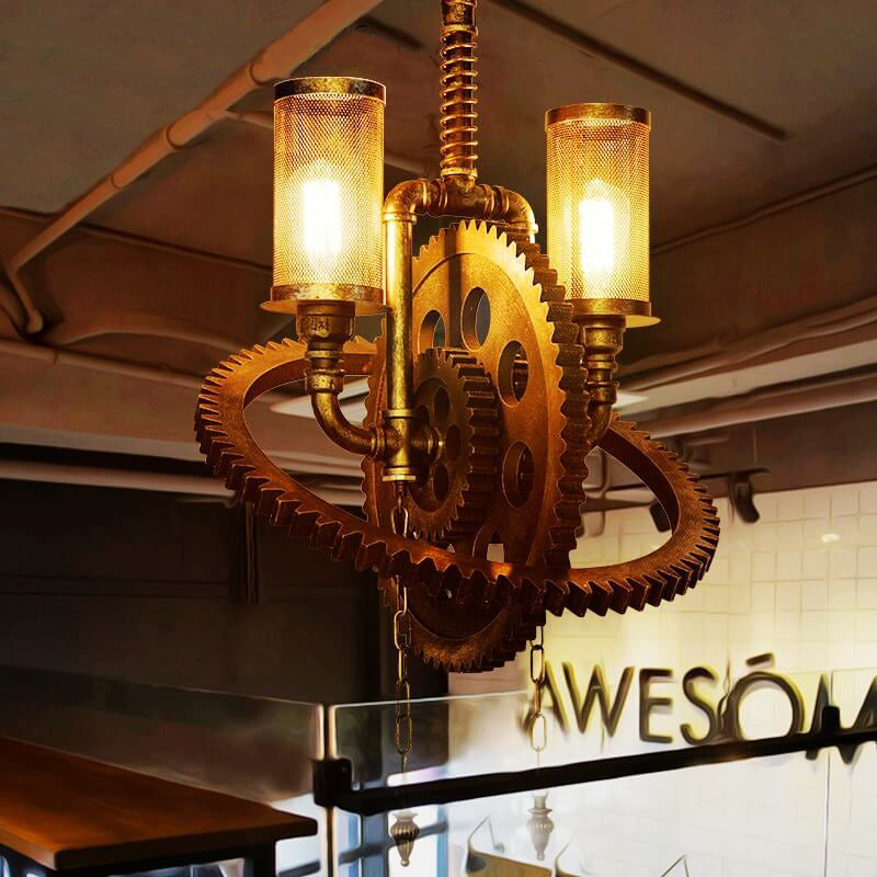 Rustic Vintage Industrial Iron Gear 2-Light Chandelier for Loft Spaces