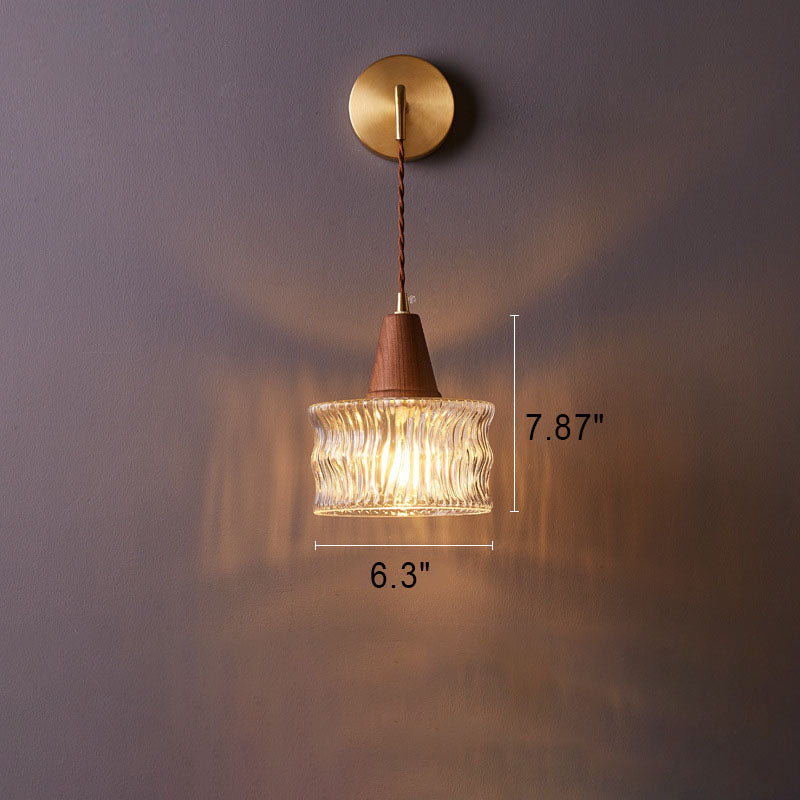 Rustic Japanese Walnut Glass Copper Cylinder Wall Sconce for Entryway