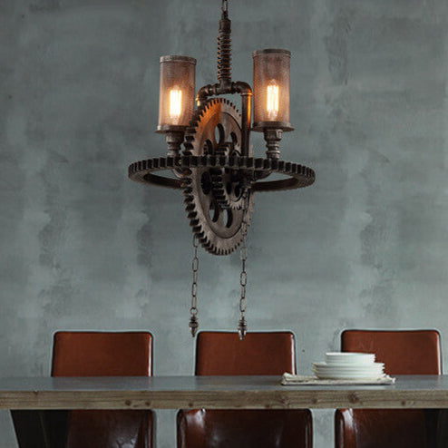 Rustic Vintage Industrial Iron Gear 2-Light Chandelier for Loft Spaces