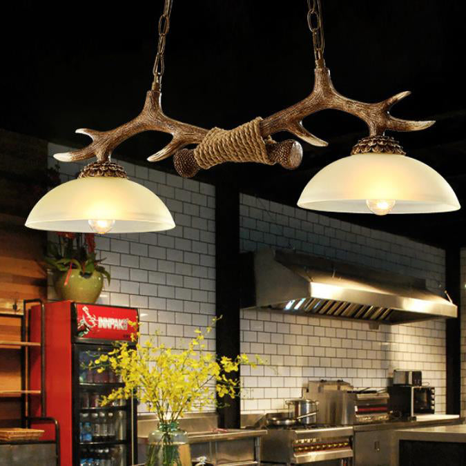 Antler-Inspired Vintage Resin Glass Bowl 2-Light Chandelier for Rustic Decor