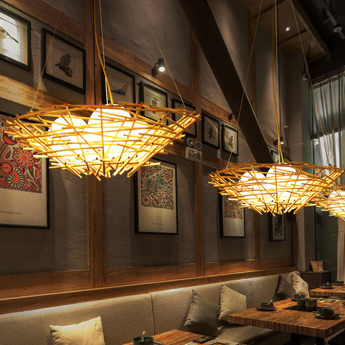 Natural Rattan Weaving Bird Nest 3-Light Chandelier for Boho Home Decor