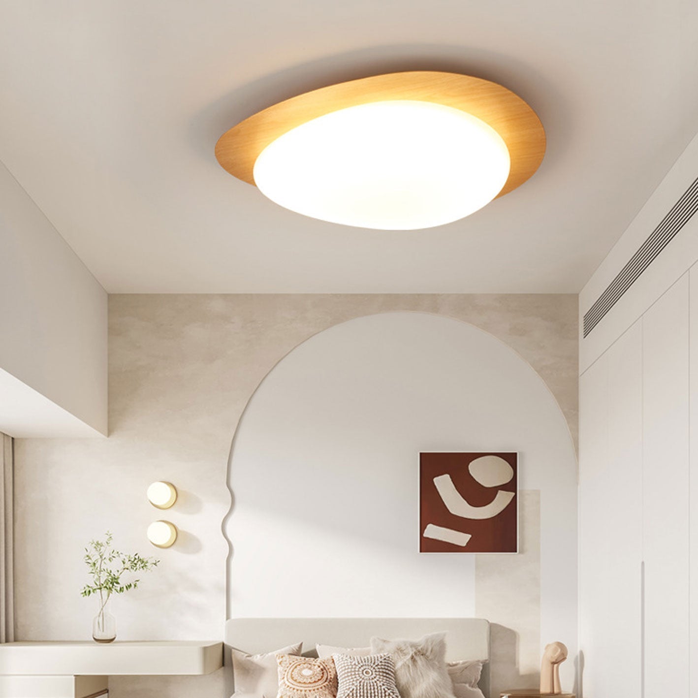 Nordic Oak Wood Grain Pebble LED Flush Mount Light for Living Room