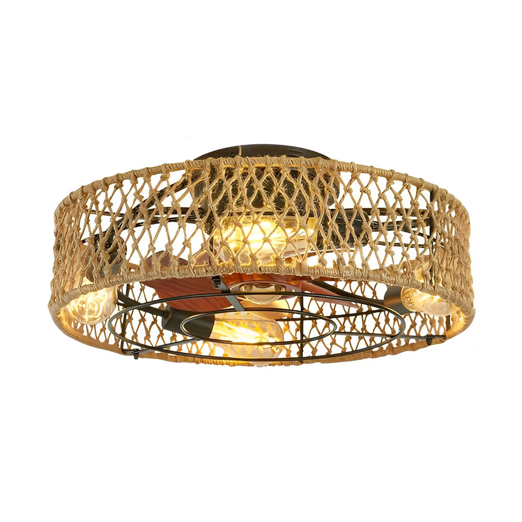 Industrial Style Rattan and Iron Ceiling Fan Lamp for Modern Spaces