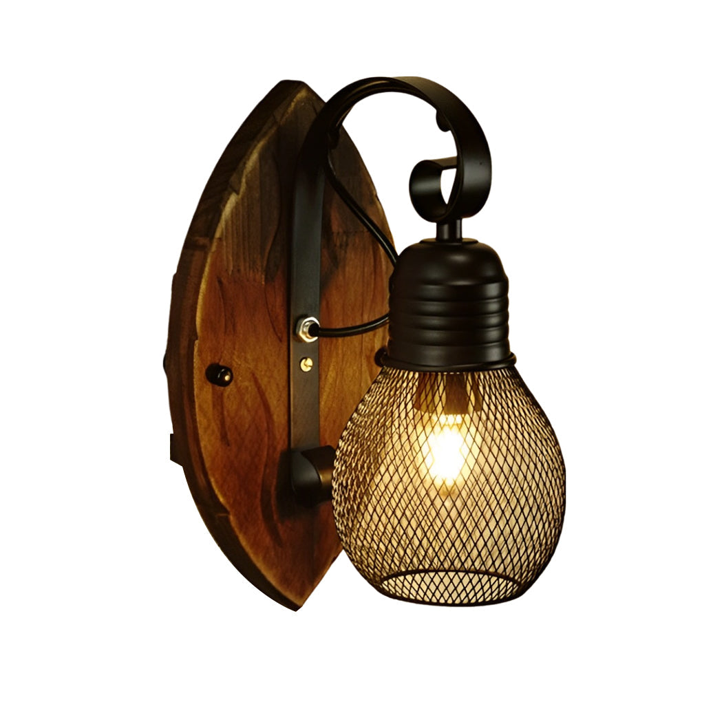 Black Industrial E27 Wall Lamp with Rustic Antique Wood & Iron Design