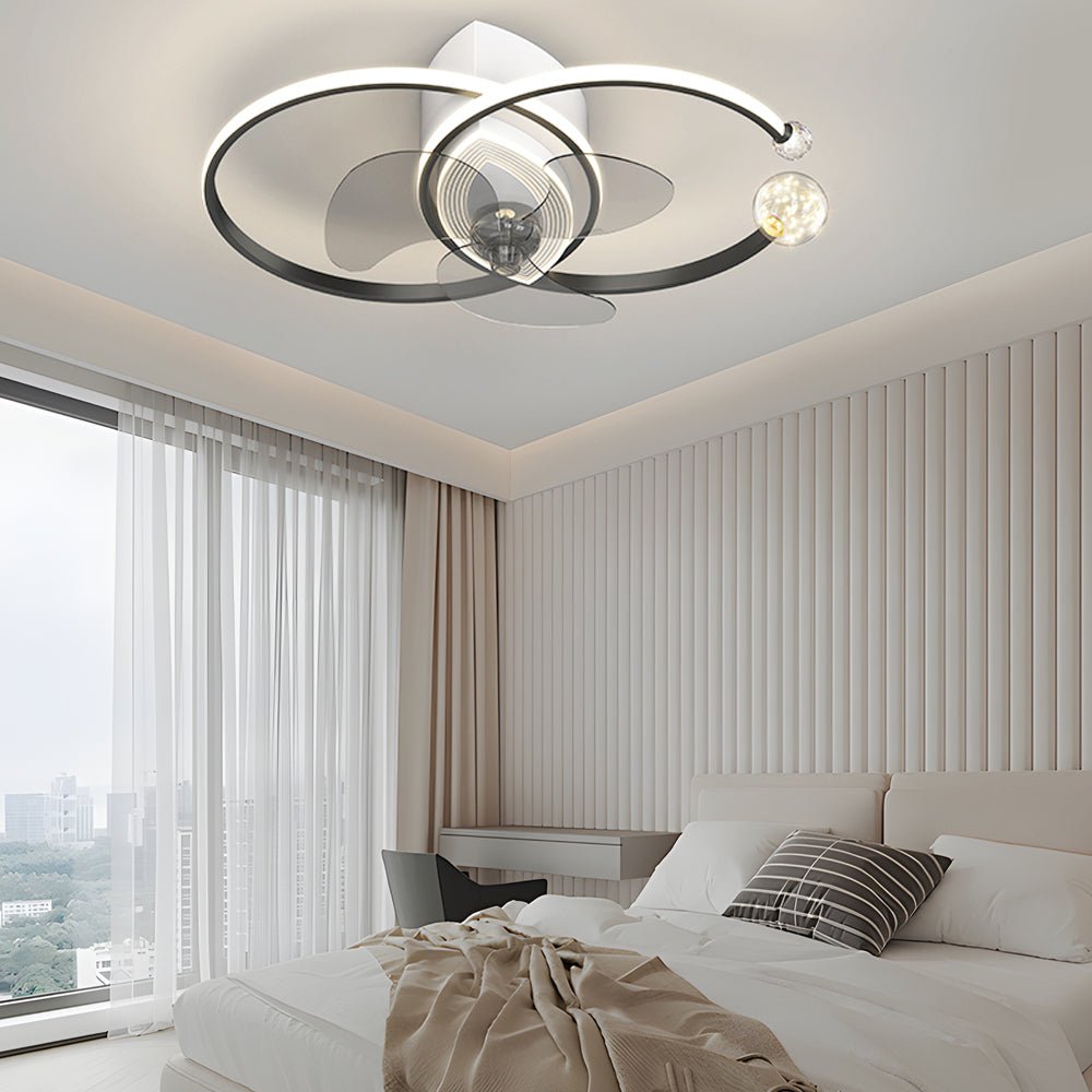 Modern Silver Dual Ring LED Ceiling Fan with 3-Step Dimming for Bedroom