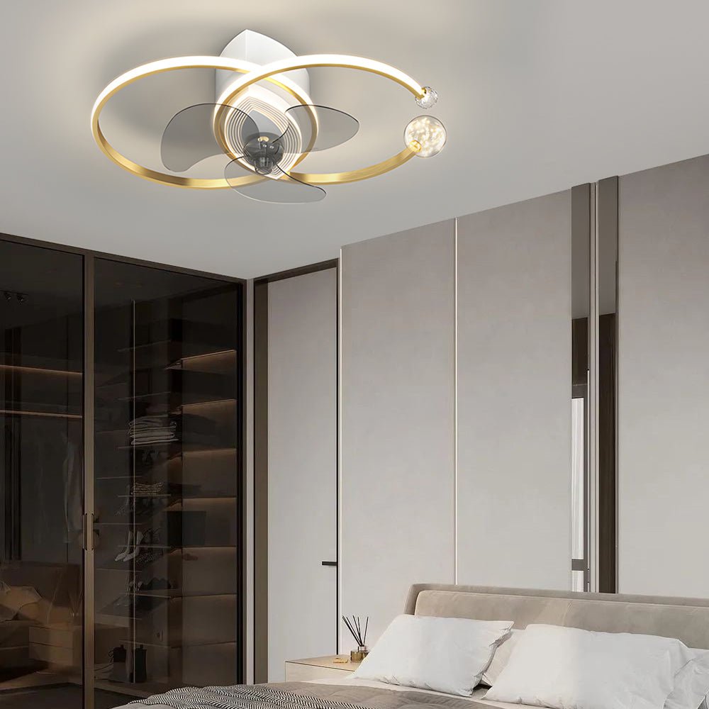 Modern Silver Dual Ring LED Ceiling Fan with 3-Step Dimming for Bedroom