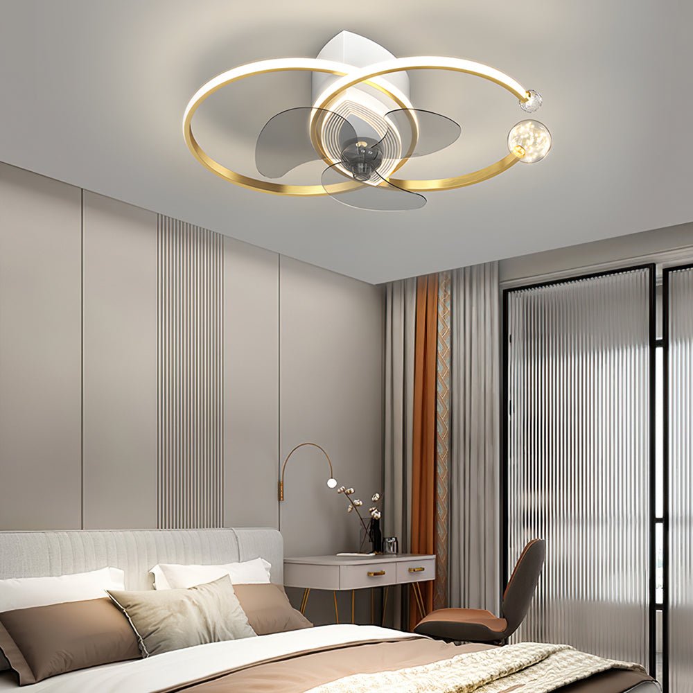 Modern Silver Dual Ring LED Ceiling Fan with 3-Step Dimming for Bedroom