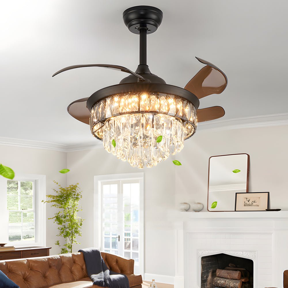 Modern Black Crystal Ceiling Fan with Retractable Blades & LED Lights