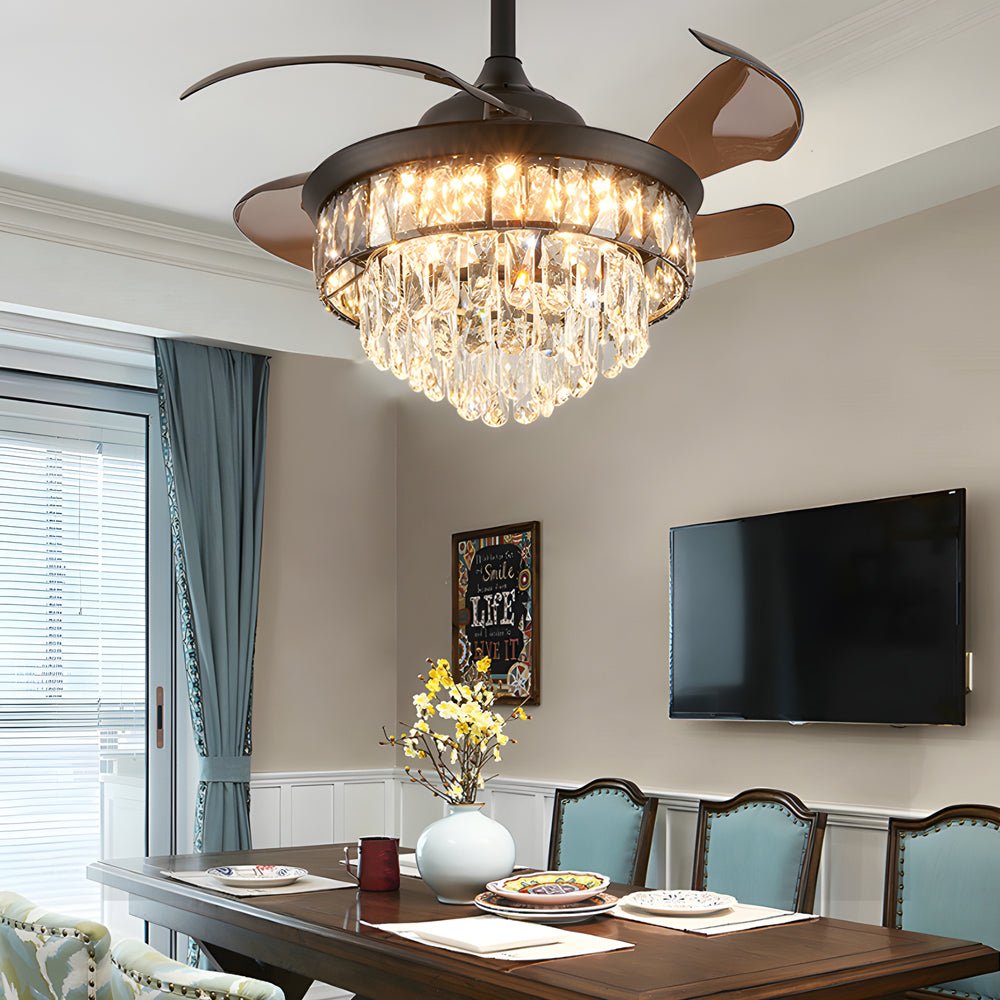 Modern Black Crystal Ceiling Fan with Retractable Blades & LED Lights