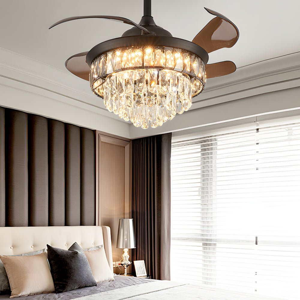 Modern Black Crystal Ceiling Fan with Retractable Blades & LED Lights