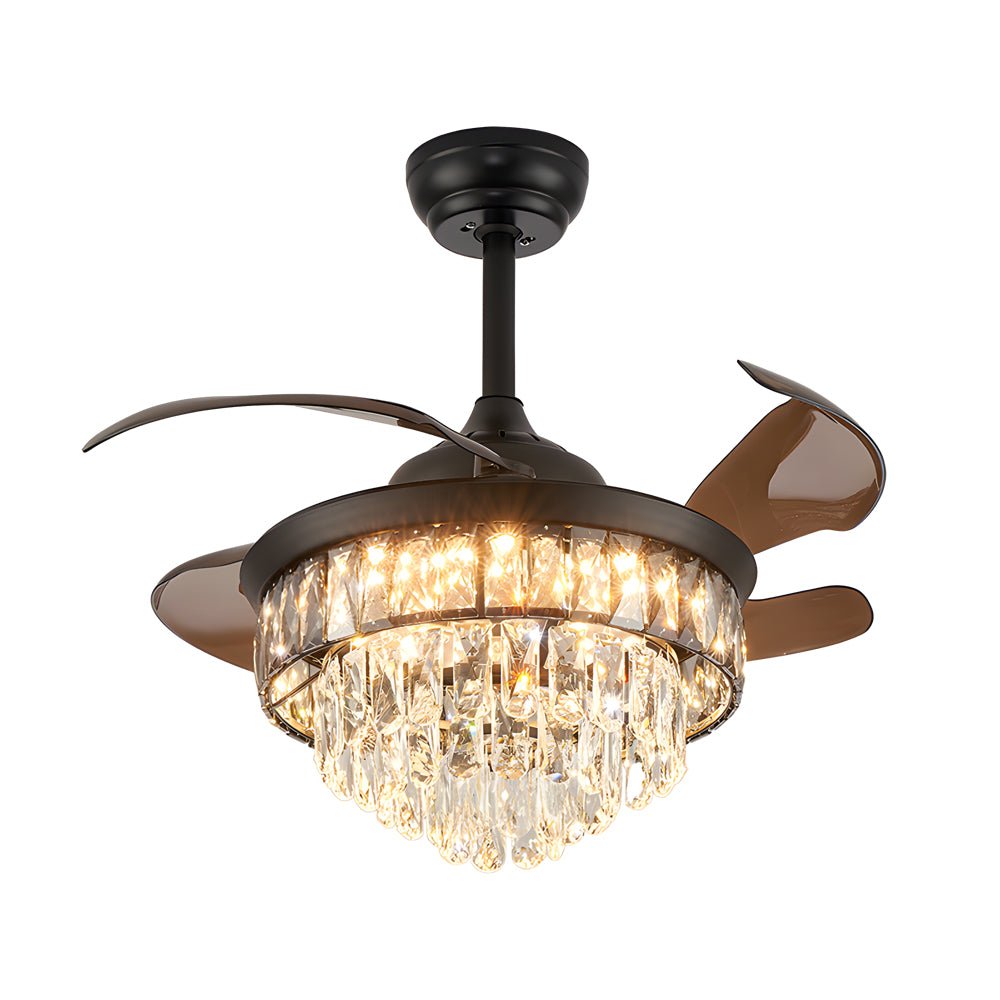 Modern Black Crystal Ceiling Fan with Retractable Blades & LED Lights