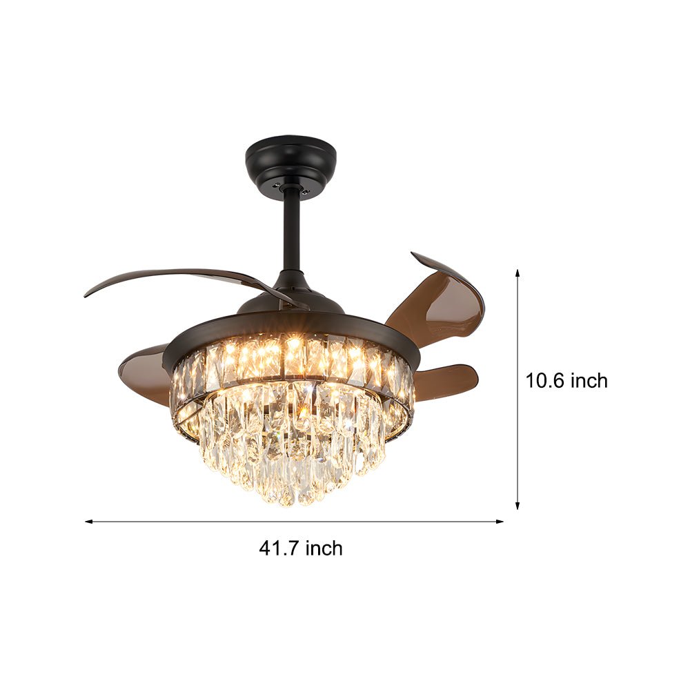 Modern Black Crystal Ceiling Fan with Retractable Blades & LED Lights