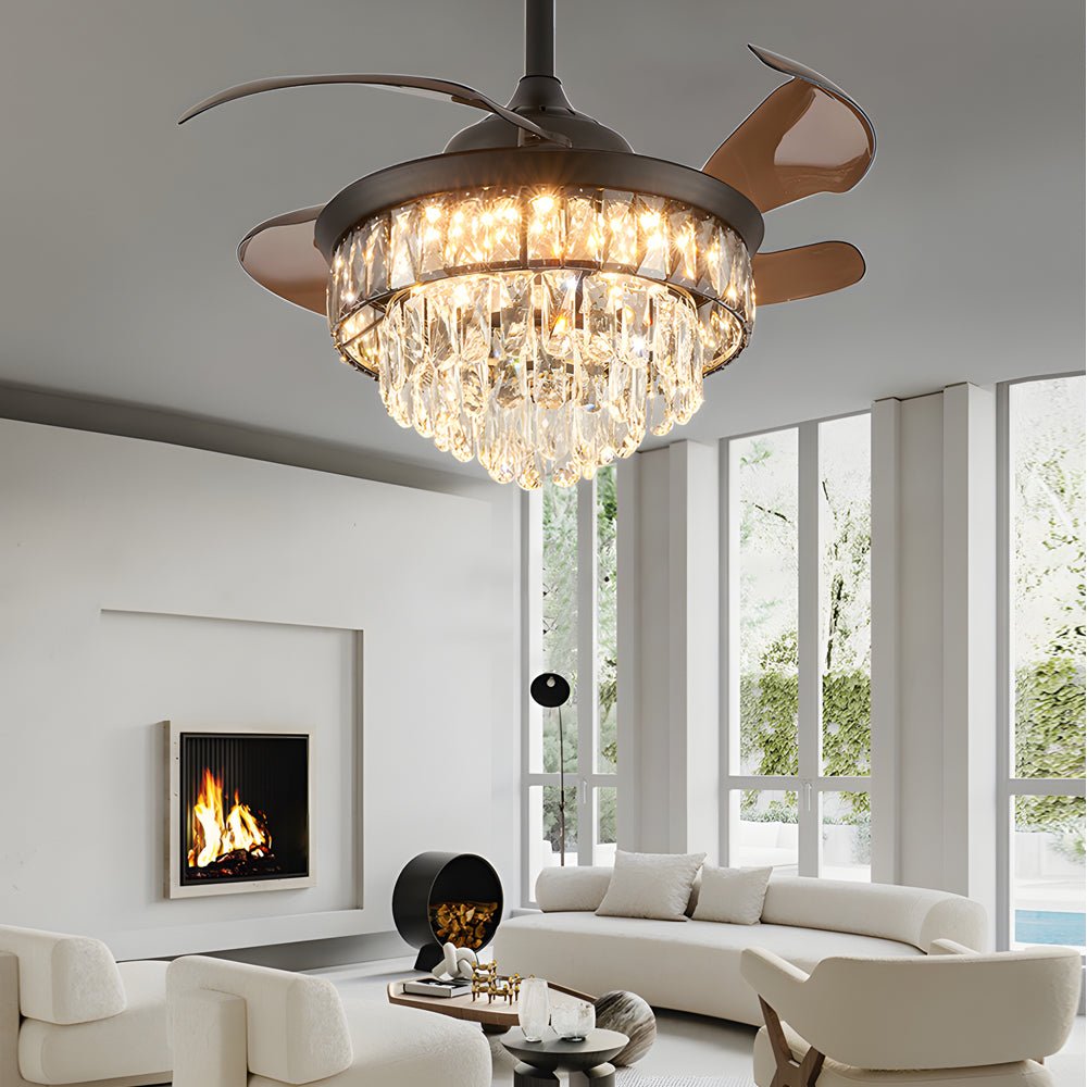 Modern Black Crystal Ceiling Fan with Retractable Blades & LED Lights