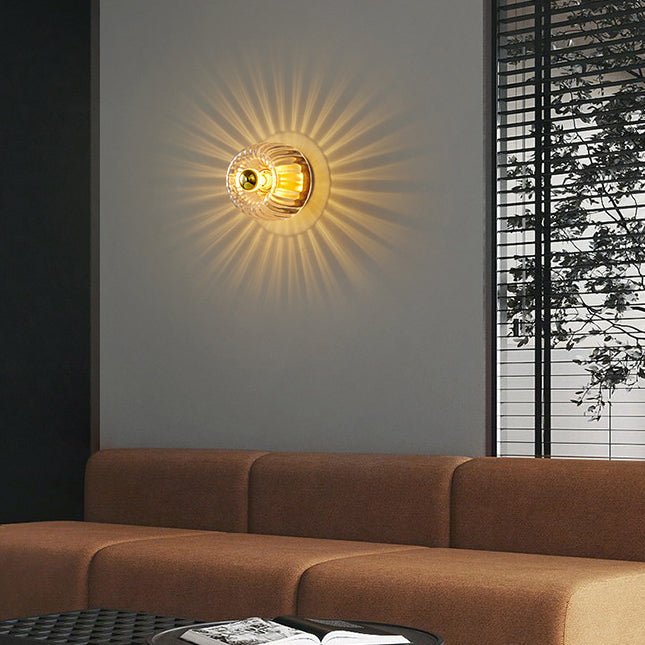 Modern Copper and Glass Sun-Shaped Flush Mount Light for Entryway