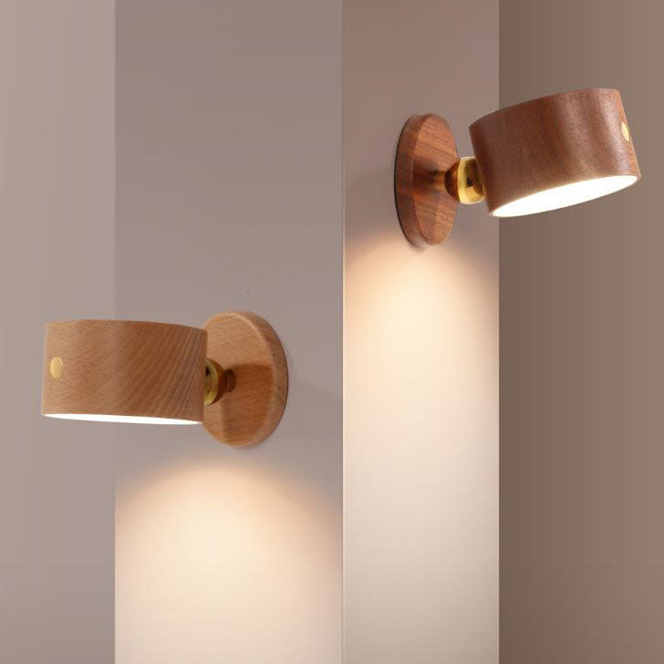 Rustic Wooden LED Wall Sconce with Rechargeable Touch Control for Bedrooms