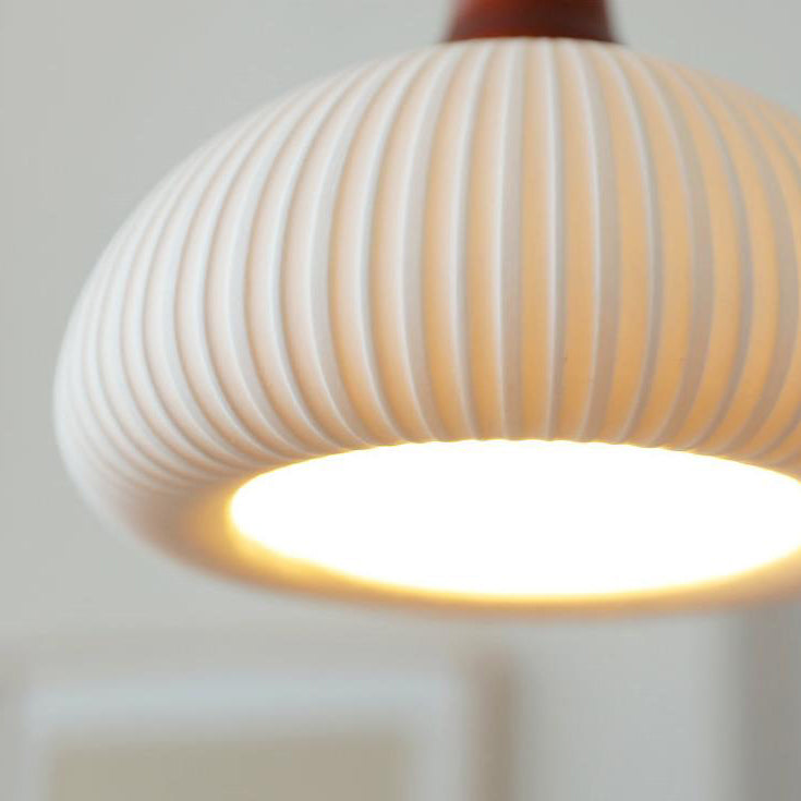 Japanese Ceramic Pleated Dome Pendant Light in Wood & Iron for Home