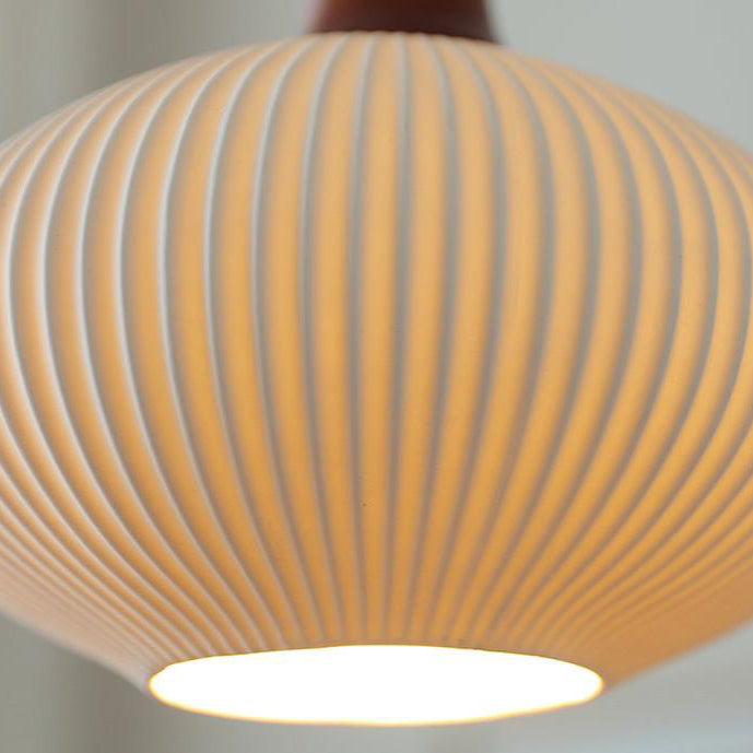 Japanese Ceramic Pleated Dome Pendant Light in Wood & Iron for Home