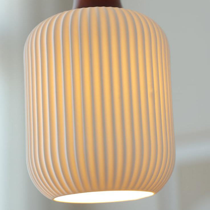 Japanese Ceramic Pleated Dome Pendant Light in Wood & Iron for Home