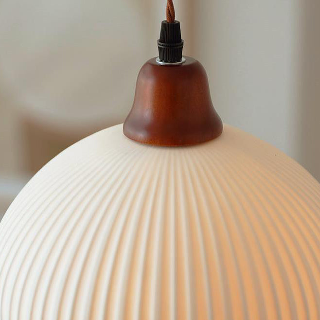 Japanese Ceramic Pleated Dome Pendant Light in Wood & Iron for Home