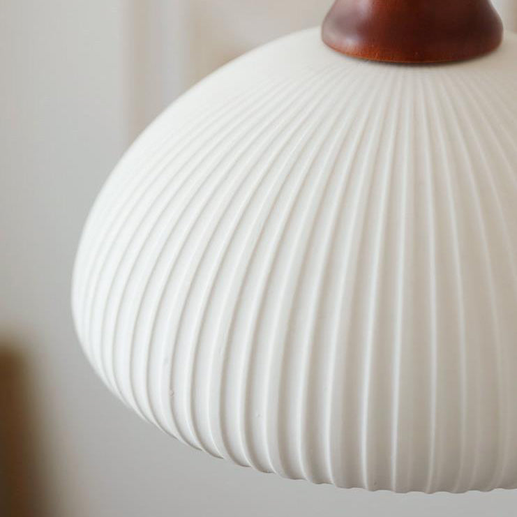 Japanese Ceramic Pleated Dome Pendant Light in Wood & Iron for Home