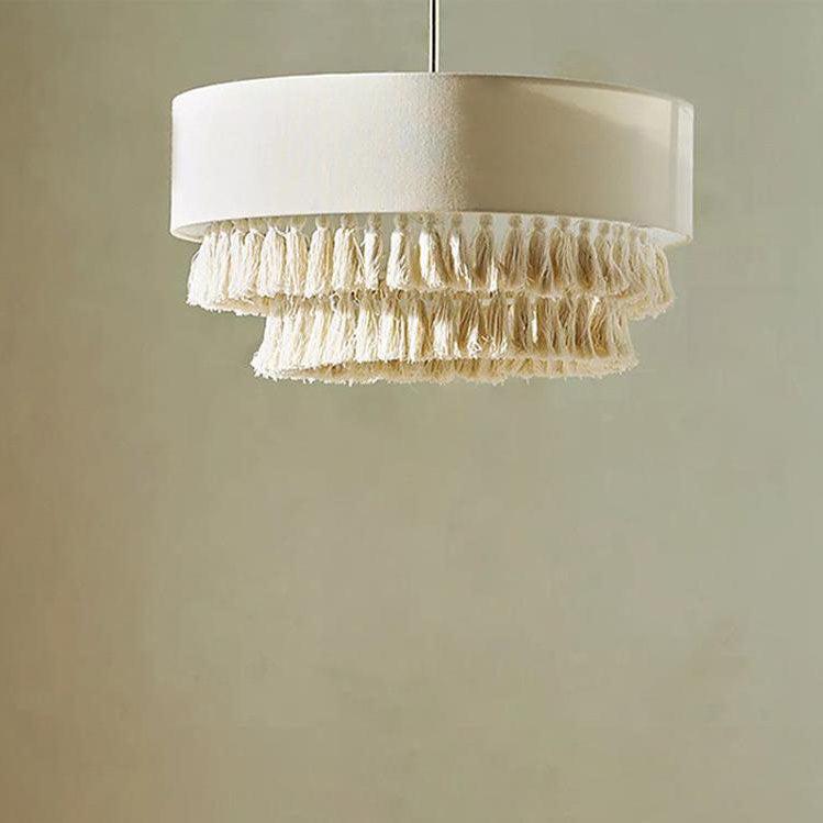 Bohemian Fabric Cylinder Tassel Chandelier Light for Living Room Decor