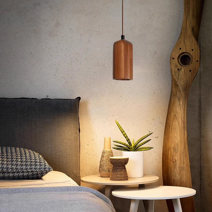 Natural Wood Small Cylindrical Pendant Light for Rustic Home Décor