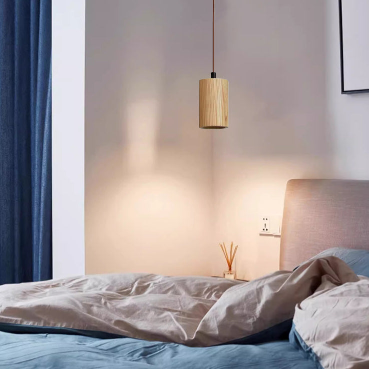 Natural Wood Small Cylindrical Pendant Light for Rustic Home Décor