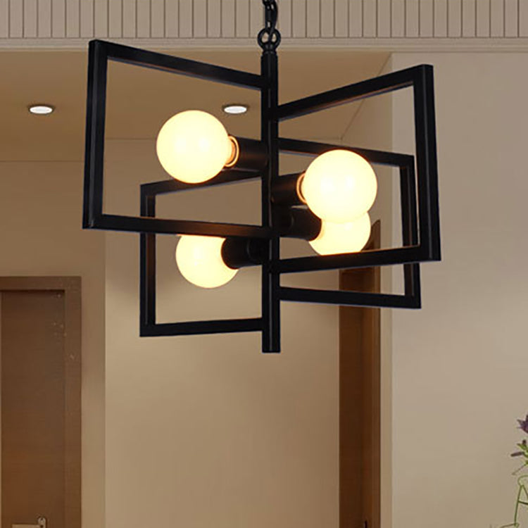 Minimalist Black Iron Square Chandelier with 4 Lights for Living Room