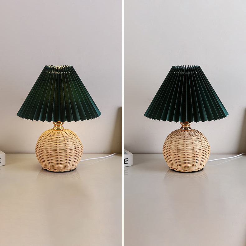 Scandinavian Rattan Pleated Conic LED Table Lamp for Modern Bedrooms