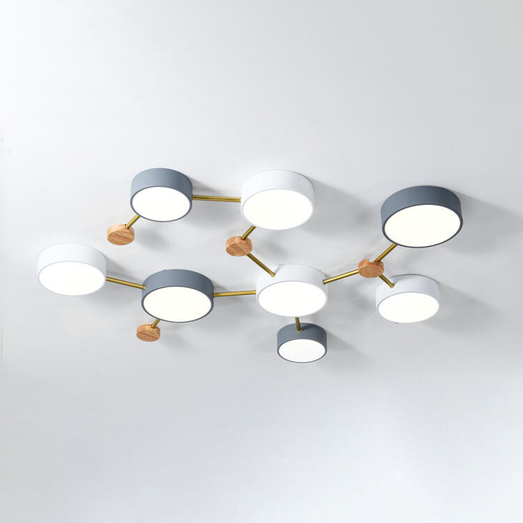 Scandinavian Minimalist Oak Wood and Iron LED Flush Mount Light Fixture