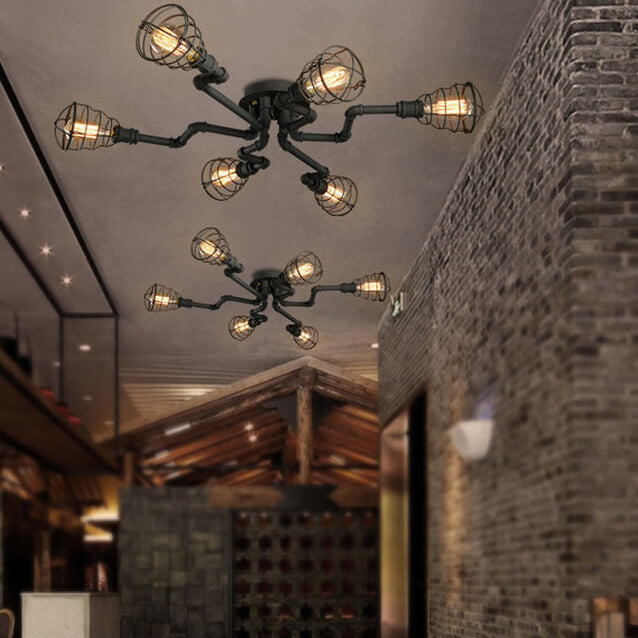 Rustic Industrial Vintage Iron 4/6/8-Light Round Flush Mount Fixture