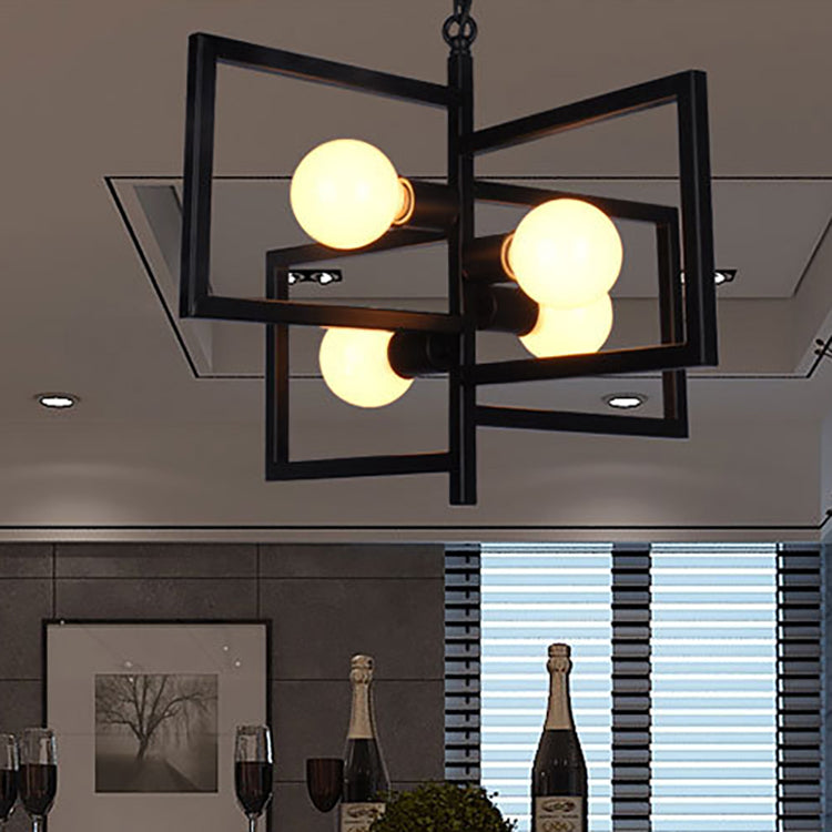 Minimalist Black Iron Square Chandelier with 4 Lights for Living Room