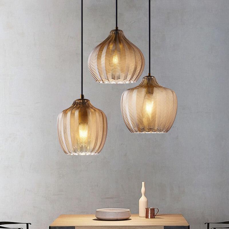 Nordic Textured Wavy Clear Glass Barrel Pendant Light for Bedroom Dining