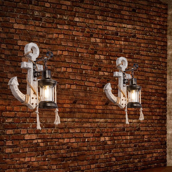 Rustic Industrial Wooden Boat Anchor Wall Sconce Light for Nautical Decor