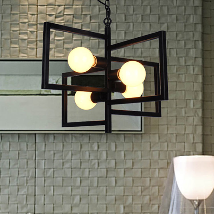Minimalist Black Iron Square Chandelier with 4 Lights for Living Room