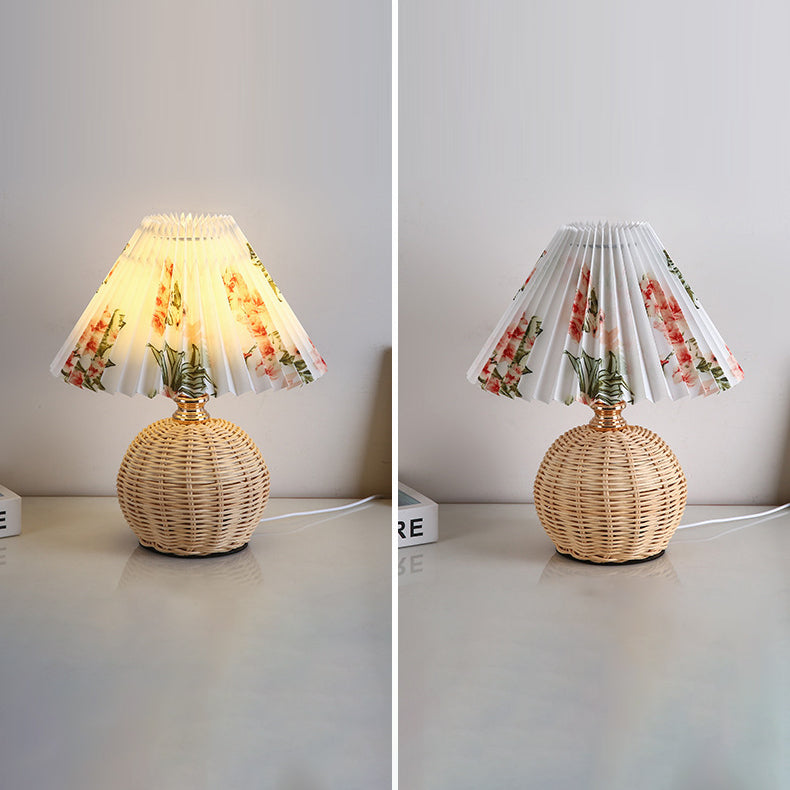 Scandinavian Rattan Pleated Conic LED Table Lamp for Modern Bedrooms